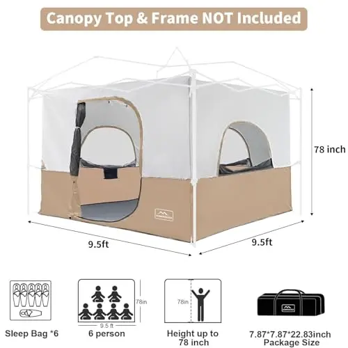 KAMPKEEPER Camping Inner Tent for Pop Up Canopy, Converts 10'x10' Straight Leg Canopy into Camping Tent–Fully Vented Roof(Top & Frame NOT Included), Khaki - 3