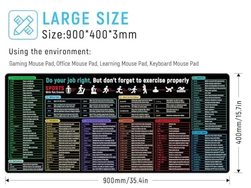 JIALONG Excel Shortcuts Large Gaming Mouse Pad Extra XXL 35.4x15.75 inches Thick Extended Excel Formulas Cheat Sheet Desk Pad Computer Keyboard Mat for MacBook, PC, Laptop, Office Home - 2