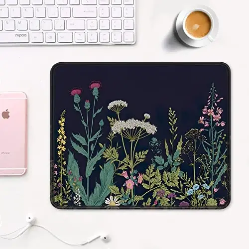 Auhoahsil Mouse Pad, 12 x 10 in Flower Theme Computer Mouse Pad for Desk, Premium-Textured Non-Slip Rubber Stitched Edges Waterproof Square Mouse Mat for Gaming Work Wireless Mice, Black - 8