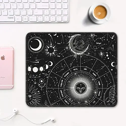 Auhoahsil Mouse Pad, 12 x 10 in Tarot Style Sun Moon Computer Mouse Pad for Desk, Premium-Textured Non-Slip Rubber Stitched Edges Waterproof Square Mouse Mat for Gaming Work Wireless Mice, Black - 2