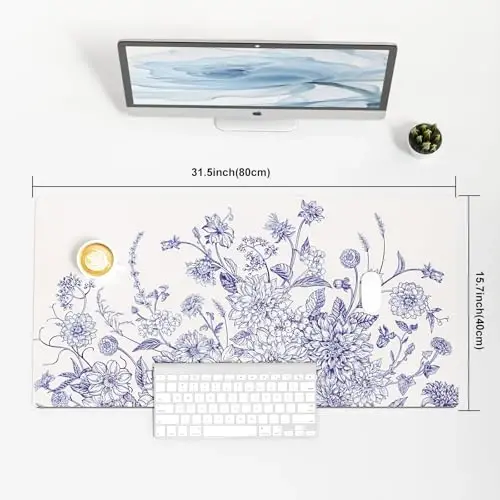 Colorful Star Large Mouse Pad, Floral Desk Mat Office Supplies, Waterproof Faux Leather Big Gaming Mousepad for Women Girls, Vintage Blue Flowers Desk Pad Home Office Décor Accessories 31.5