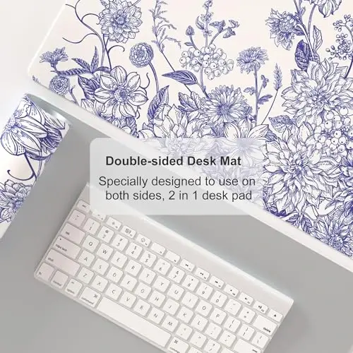 Colorful Star Large Mouse Pad, Floral Desk Mat Office Supplies, Waterproof Faux Leather Big Gaming Mousepad for Women Girls, Vintage Blue Flowers Desk Pad Home Office Décor Accessories 31.5