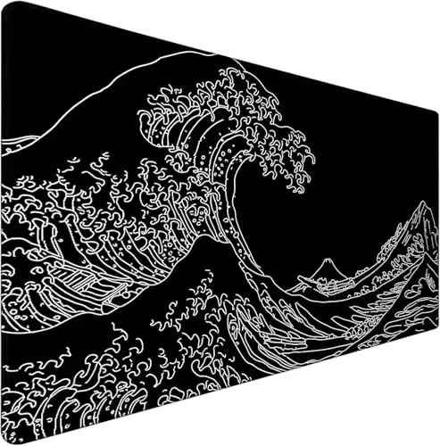 Large Gaming Mouse Pad, Waterproof Extra Large Big Mouse Pad with Stitched Edge, XXXL Non-Slip Black Computer Long Mousepad for Gamer, Office & Home, Wave Lines 