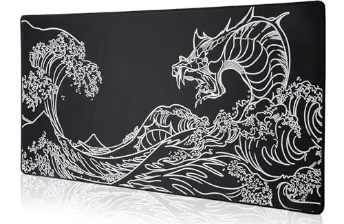 Waterproof Mouse Pad, Japanese Sea Wave Large Keyboard Pad with Anti-Slip Base, Extended Kanagawa Mat Desk Pad, for Gamer, Office & Home, Off to College/Back to School, 35.43