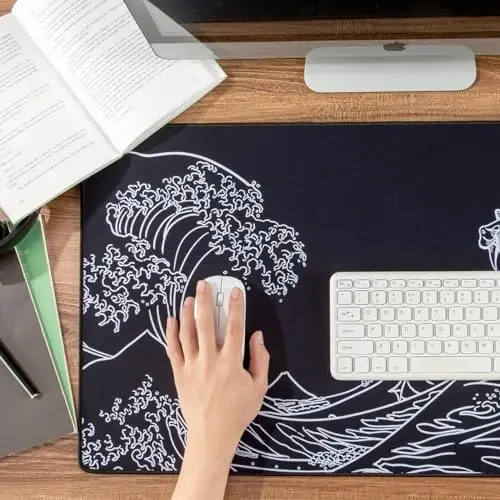 Waterproof Mouse Pad, Japanese Sea Wave Large Keyboard Pad with Anti-Slip Base, Extended Kanagawa Mat Desk Pad, for Gamer, Office & Home, Off to College/Back to School, 35.43