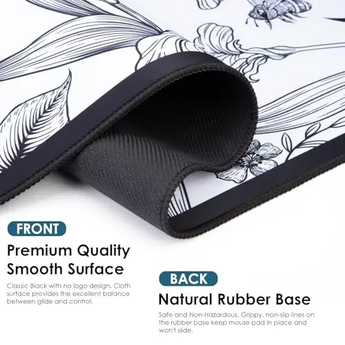Black Large Extended Mouse Pad, Beautiful Flowers Plants, Waterproof Mouse Mat for Home and Office, Gaming Mousepad Laptop Keyboard Mat with Non-Slip Base, Stitched Edges (35.4