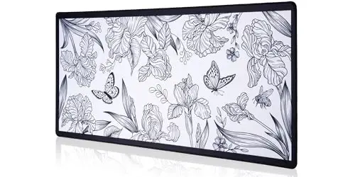 Black Large Extended Mouse Pad, Beautiful Flowers Plants, Waterproof Mouse Mat for Home and Office, Gaming Mousepad Laptop Keyboard Mat with Non-Slip Base, Stitched Edges (35.4