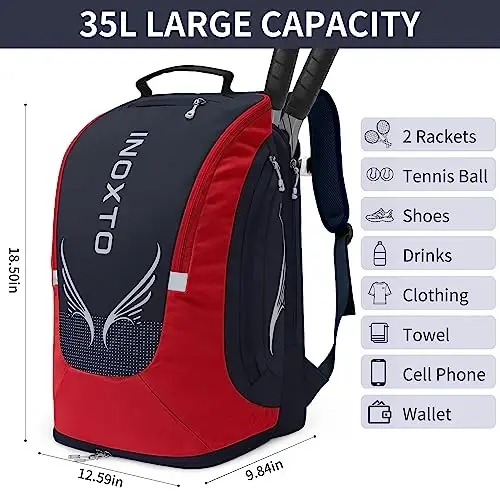 INOXTO 40L Tennis Backpack for Men & Women, Large Pickleball Bag With Independent Shoe Storage, Waterproof & Breathable, Holds 2 Tennis Rackets for Badminton, Travel & Camping - 2