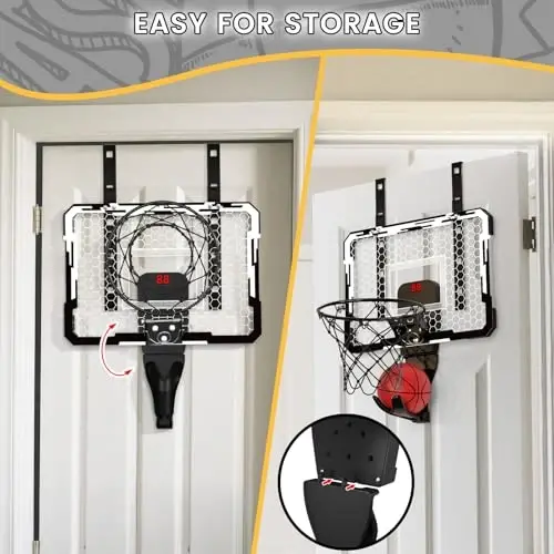 QDRAGON Mini Basketball Hoop, Over The Door Indoor, with 3 Balls/Inflator/Breakaway Rim, Basketball Toy Gifts for Kids and Adults, Suit for Bedroom/Office/Outdoor, White with Scoreboard & 7 Light - 2