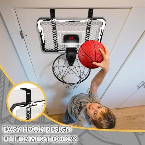 QDRAGON Mini Basketball Hoop, Over The Door Indoor, with 3 Balls/Inflator/Breakaway Rim, Basketball Toy Gifts for Kids and Adults, Suit for Bedroom/Office/Outdoor, White with Scoreboard & 7 Light - 4