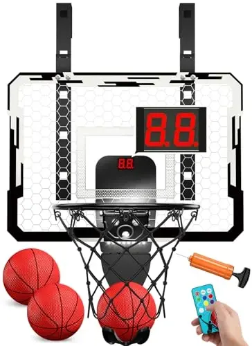 QDRAGON Mini Basketball Hoop, Over The Door Indoor, with 3 Balls/Inflator/Breakaway Rim, Basketball Toy Gifts for Kids and Adults, Suit for Bedroom/Office/Outdoor, White with Scoreboard & 7 Light - 6