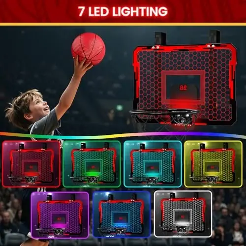 QDRAGON Mini Basketball Hoop, Over The Door Indoor, with 3 Balls/Inflator/Breakaway Rim, Basketball Toy Gifts for Kids and Adults, Suit for Bedroom/Office/Outdoor, Red with Scoreboard & 7 Light 