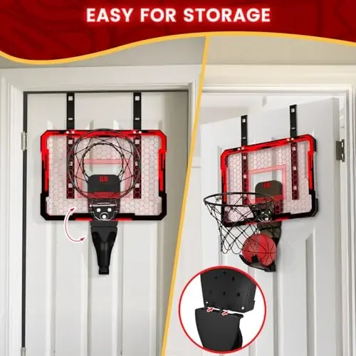QDRAGON Mini Basketball Hoop, Over The Door Indoor, with 3 Balls/Inflator/Breakaway Rim, Basketball Toy Gifts for Kids and Adults, Suit for Bedroom/Office/Outdoor, Red with Scoreboard & 7 Light - 2