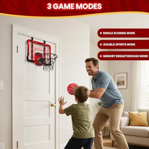 QDRAGON Mini Basketball Hoop, Over The Door Indoor, with 3 Balls/Inflator/Breakaway Rim, Basketball Toy Gifts for Kids and Adults, Suit for Bedroom/Office/Outdoor, Red with Scoreboard & 7 Light - 3