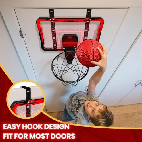QDRAGON Mini Basketball Hoop, Over The Door Indoor, with 3 Balls/Inflator/Breakaway Rim, Basketball Toy Gifts for Kids and Adults, Suit for Bedroom/Office/Outdoor, Red with Scoreboard & 7 Light - 4