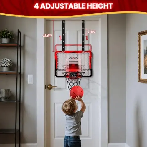 QDRAGON Mini Basketball Hoop, Over The Door Indoor, with 3 Balls/Inflator/Breakaway Rim, Basketball Toy Gifts for Kids and Adults, Suit for Bedroom/Office/Outdoor, Red with Scoreboard & 7 Light - 5