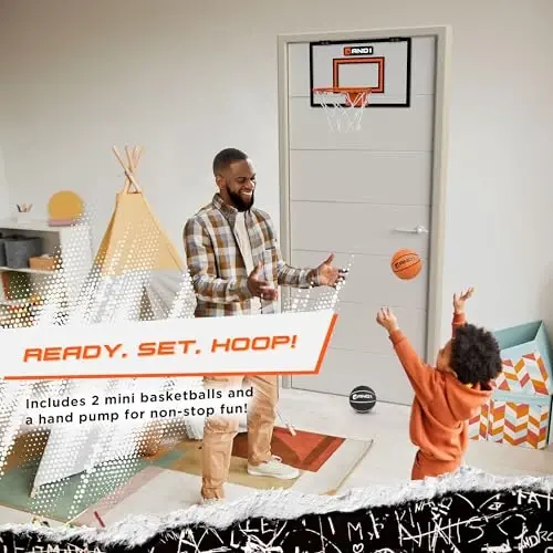 AND1 Over the Door Mini Basketball Hoop: 18x12 Shatterproof Backboard, 2 Mini Basketballs, and Hand Pump Included- Ultimate Indoor Basketball Accessory for Kids and Adults, No Tools Required - 7