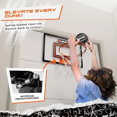 AND1 Over the Door Mini Basketball Hoop: 18x12 Shatterproof Backboard, 2 Mini Basketballs, and Hand Pump Included- Ultimate Indoor Basketball Accessory for Kids and Adults, No Tools Required - 8