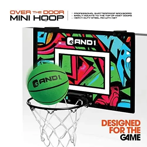 AND1 Over the Door Mini Basketball Hoop: 18x12 Shatterproof Backboard, 2 Mini Basketballs, and Hand Pump Included- Ultimate Indoor Basketball Accessory for Kids and Adults, No Tools Required - 7