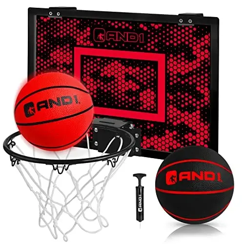 AND1 Over the Door Mini Basketball Hoop: 18x12 Shatterproof Backboard, 2 Mini Basketballs, and Hand Pump Included- Ultimate Indoor Basketball Accessory for Kids and Adults, No Tools Required - 1