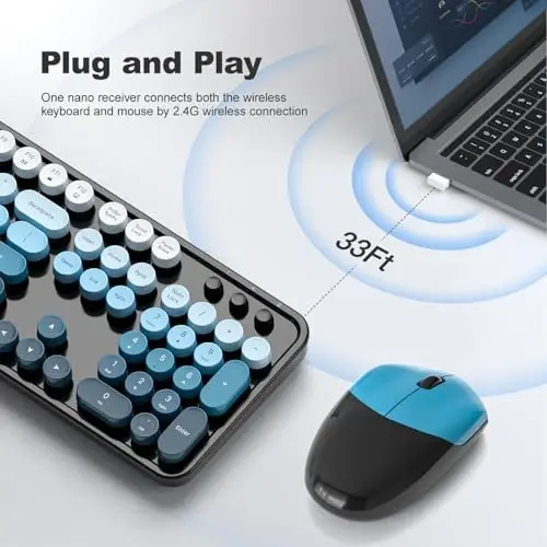 MOFII Wireless Keyboard and Mouse Combo, 2.4GHz Retro Typewriter Keyboard Full Size, Cute Wireless Mice, USB Dongle Plug and Play, for Laptop, PC, Desktop, Windows (Black Blue Gradient Color) - 2