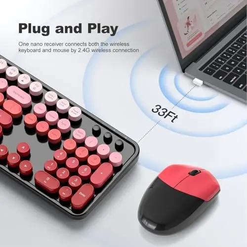MOFII Wireless Keyboard and Mouse Combo, 2.4GHz Retro Typewriter Keyboard Full Size, Cute Wireless Mice, USB Dongle Plug and Play, for Laptop, PC, Desktop, Windows (Black Red Gradient Color) - 2