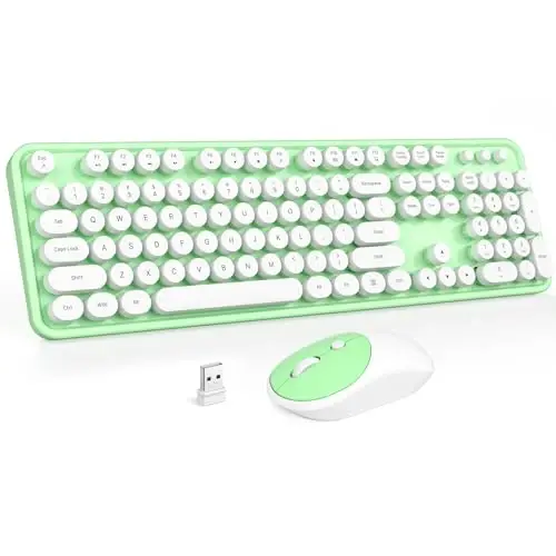 MOFII Wireless Keyboard and Mouse Combo, 2.4GHz Full Size Typewriter Keyboard Round Keys, USB Receiver for Laptop, PC, Desktop, Windows (Green White) 
