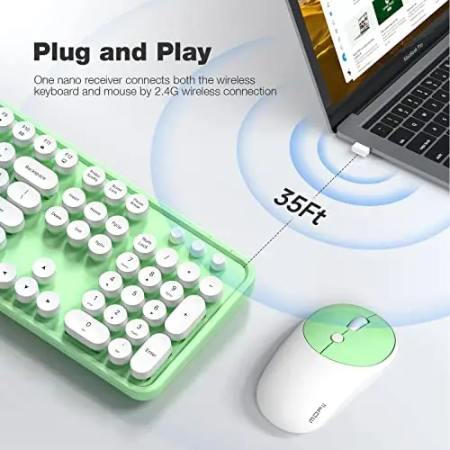 MOFII Wireless Keyboard and Mouse Combo, 2.4GHz Full Size Typewriter Keyboard Round Keys, USB Receiver for Laptop, PC, Desktop, Windows (Green White) - 2