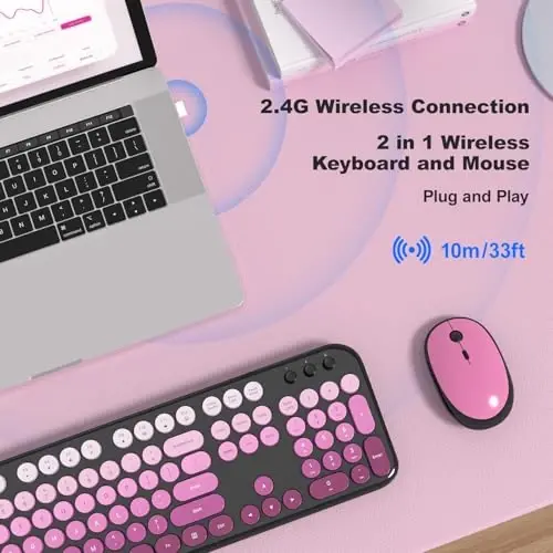 MOFII Wireless Keyboard and Mouse Combo,2.4G Typewriter Keyboard Quiet Mice | Retro Full Size Computer Keyboards, Cute Mouse, USB Dongle Plug and Play, for PC,Laptop,Desktop,Windows (Black Pink Gradient) - 2