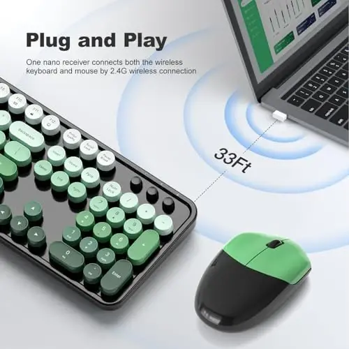 MOFII Wireless Keyboard and Mouse Combo, 2.4GHz Retro Typewriter Keyboard Full Size, Cute Wireless Mice, USB Dongle Plug and Play, for Laptop, PC, Desktop, Windows (Black Green Gradient Color) - 2