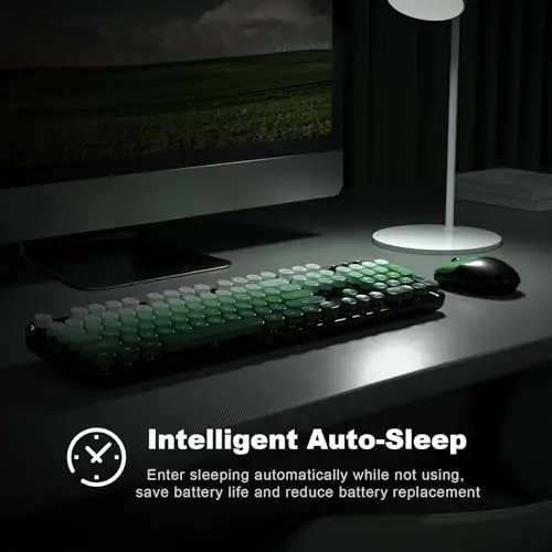 MOFII Wireless Keyboard and Mouse Combo, 2.4GHz Retro Typewriter Keyboard Full Size, Cute Wireless Mice, USB Dongle Plug and Play, for Laptop, PC, Desktop, Windows (Black Green Gradient Color) - 4