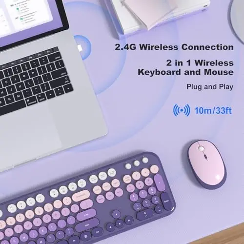 MOFII Wireless Keyboard and Mouse Combo,2.4G Typewriter Keyboard Quiet Mice | Retro Full Size Computer Keyboards, Cute Mouse, USB Dongle Plug and Play, for PC,Laptop,Desktop,Windows (Purple Gradient) - 2