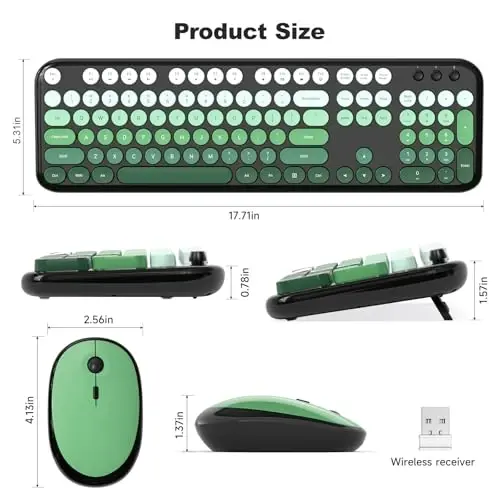 MOFII Wireless Keyboard and Mouse Combo,2.4G Typewriter Keyboard Quiet Mice | Retro Full Size Computer Keyboards,Cute Mouse, USB Dongle Plug and Play, for PC,Laptop,Desktop,Windows (Black Green Gradient) - 6