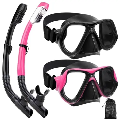 Snorkeling Gear for Adults, Dry-Top Snorkel Mask Set, Anti-Fog Scuba Diving Snorkle mask Set Adult Youth, Panoramic Wide View Dive mask, Adjustable Swimming Diving Snorkeling Packages 