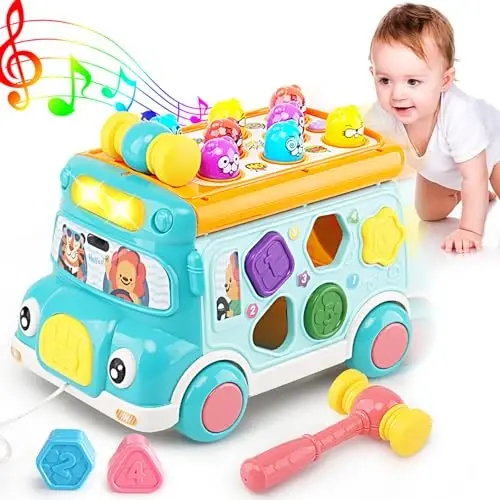 Music Activity Bus Baby Toy, Infant Education Learn Car, Sound & Light, Interactive Game, Shape Sorter, Animal Matching, Holiday Birthday Present for Toddler Kid Boy Girl 3 4 5 6 7 Years (Blue) - 1