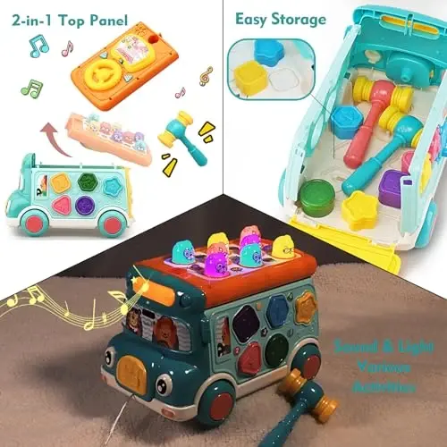 Music Activity Bus Baby Toy, Infant Education Learn Car, Sound & Light, Interactive Game, Shape Sorter, Animal Matching, Holiday Birthday Present for Toddler Kid Boy Girl 3 4 5 6 7 Years (Blue) - 4