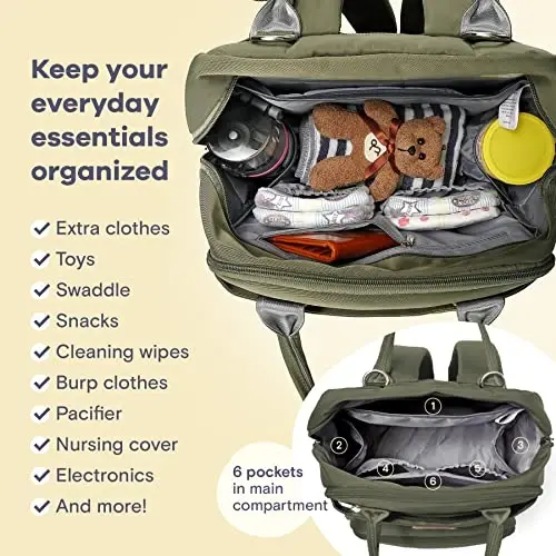 RUVALINO Diaper Bag Backpack-Expandable Baby Bag with up to 50% Capacity -Baby Essentials Bag with Changing Pad Insulated Bottle Holders & Pacifier Case, Waterproof, Army Green XL - 12