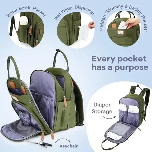 RUVALINO Diaper Bag Backpack-Expandable Baby Bag with up to 50% Capacity -Baby Essentials Bag with Changing Pad Insulated Bottle Holders & Pacifier Case, Waterproof, Army Green XL - 3
