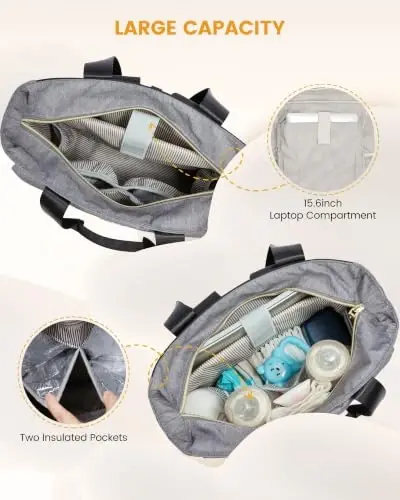 LOVEVOOK Diaper Bag Backpack,Diaper Tote Bag with Insulated Pockets,Bag with Changing Pad,Large Bag with Pacifier Case,15.6 Inch Anti-Theft Laptop Backpack for Women,Black-Gray - 1