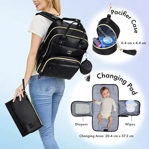 Dikaslon Leather Diaper Bag Backpack with Portable Changing Pad, Pacifier Case and Stroller Straps, Large Unisex Baby Bags for Boys Girls, Multipurpose Travel Back Pack for Moms Dads, Black - DIKASLON (1)