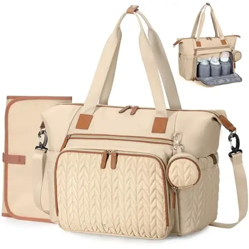 Tonyeee Diaper Bag Tote, Large Baby Diaper Bags Waterproof, Hospital Bag for Labor Delivery with Pacifier Case, Changing Pad, Shoulder Strap, khaki - 1