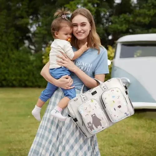 Diaper Bag Totes with Changing Pad & Stroller Straps, Large Portable Newborn Baby Bags, Unisex and Stylish Travel Diaper Backpacks for Mom and Dad (cute bear pattern) - 2