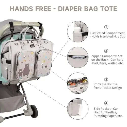 Diaper Bag Totes with Changing Pad & Stroller Straps, Large Portable Newborn Baby Bags, Unisex and Stylish Travel Diaper Backpacks for Mom and Dad (cute bear pattern) - 5