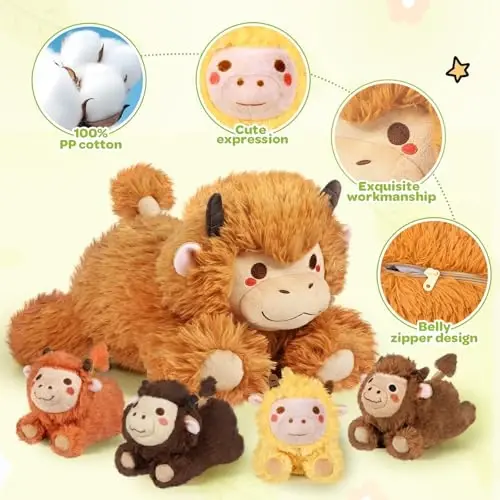 KMUYSL Highland Cow Stuffed Animal for Girls Ages 0 1 2 3 4 5 6 7 8+ Years Old, Mommy Cow Animals Plush Toys with 4 Baby Calves, Soft Animal Stuffed Toys Set, Christmas Birthday Gifts for Kids Girls - 10