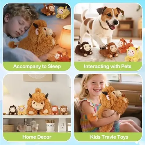KMUYSL Highland Cow Stuffed Animal for Girls Ages 0 1 2 3 4 5 6 7 8+ Years Old, Mommy Cow Animals Plush Toys with 4 Baby Calves, Soft Animal Stuffed Toys Set, Christmas Birthday Gifts for Kids Girls - 12