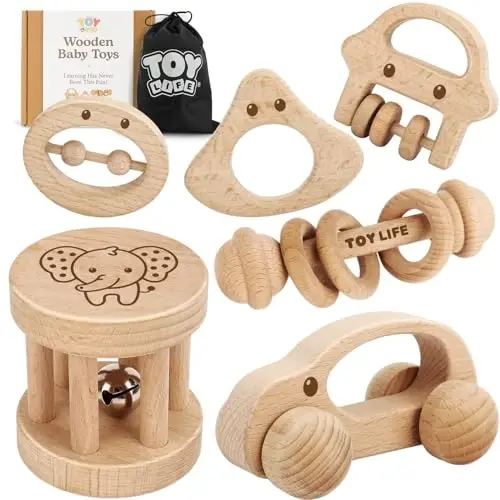 TOY Life Wooden Toys Cars, Montessori Baby Toys 6-12 Months, Wooden Baby Toys Rattle Cars for Toddlers 1-3, Baby Boy Nursery Decor, Montessori Toys for 1 Year Old Boy (6 PCS Rattle Set) - 1