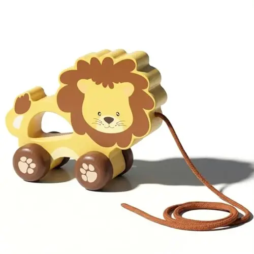 WoodenEdu Baby Toys Car,Wooden Pull Along Toddler Toy, Developmental Toy for 1 Year Old Girl Boy Birthday Gift (Lion) 
