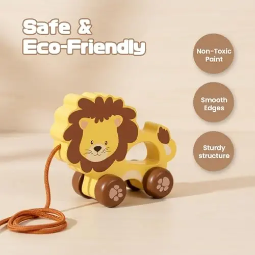 WoodenEdu Baby Toys Car,Wooden Pull Along Toddler Toy, Developmental Toy for 1 Year Old Girl Boy Birthday Gift (Lion) - 2