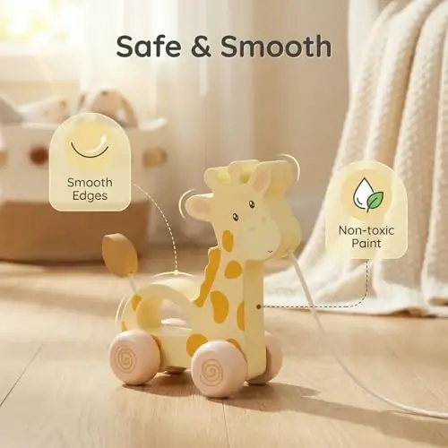 WoodenEdu Baby Toys Car,Wooden Pull Along Toddler Toy, Developmental Toy for 1 Year Old Girl Boy Birthday Gift (Small Giraffe) - 2