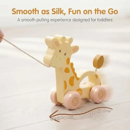 WoodenEdu Baby Toys Car,Wooden Pull Along Toddler Toy, Developmental Toy for 1 Year Old Girl Boy Birthday Gift (Small Giraffe) - 3
